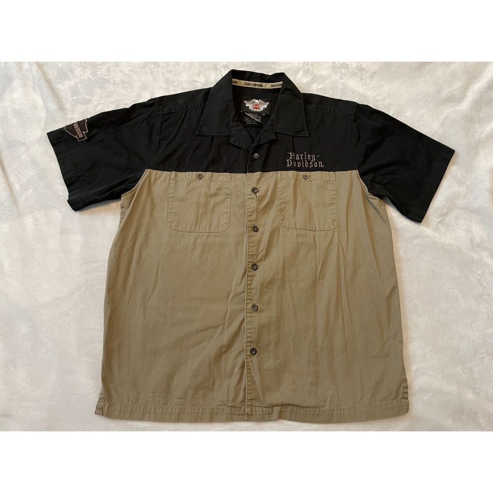 Harley-Davidson Men's Short Sleeve Shop Shirt Embroidered Black Green L Flawed